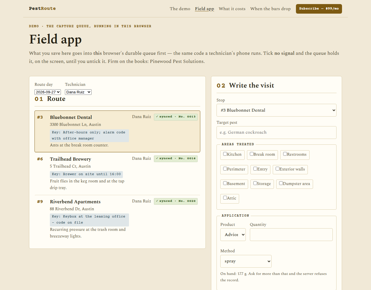 Field app capture form with chemical application and signature pad